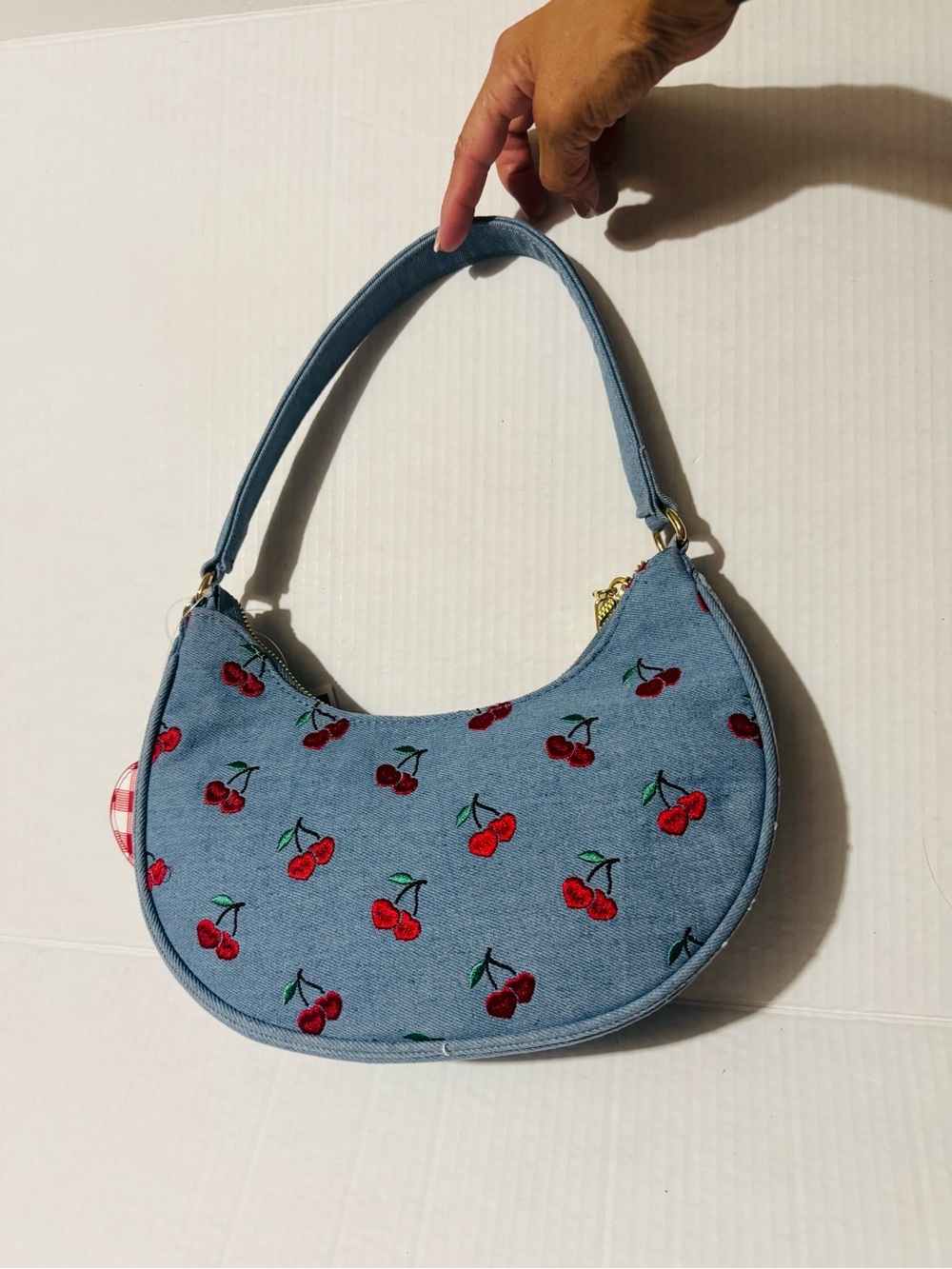 Betsey Johnson denim xonorthy Cherry Embroidered Shoulder Bag with charm BNWT - Picture 2 of 10